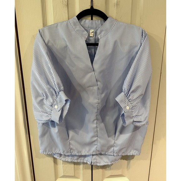 Blue & White Stripe Puff Sleeve Button Down Back Notch Collar Blouse - Picture 3 of 12